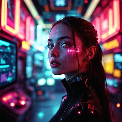 The primary subject of the image is a woman wearing a black outfit, with a futuristic or cyberpunk aesthetic. She is standing in a room with a neon-lit environment, which adds to the overall atmosphere of the scene. The setting appears to be a futuristic or high-tech space, possibly a club or a futuristic cityscape. The visual style of the image is a combination of photo and digital art, creating a unique and captivating scene. The colors and m